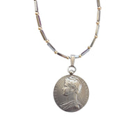 1912 French sterling silver coin necklace with Marianne profile on hematite and 14k bead chain