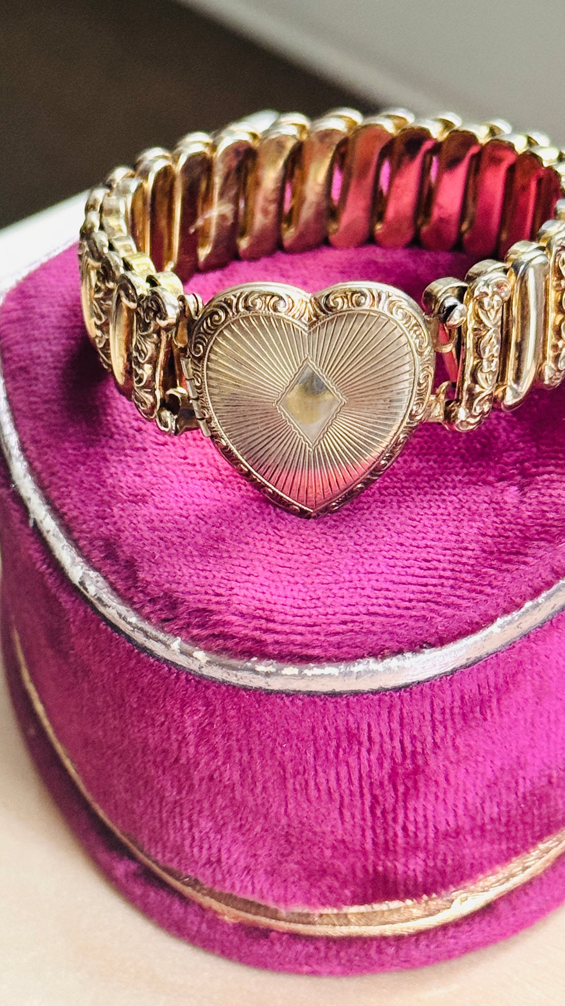 1940s gold filled sweetheart bracelet with heart locket, shown with vintage jewelry box