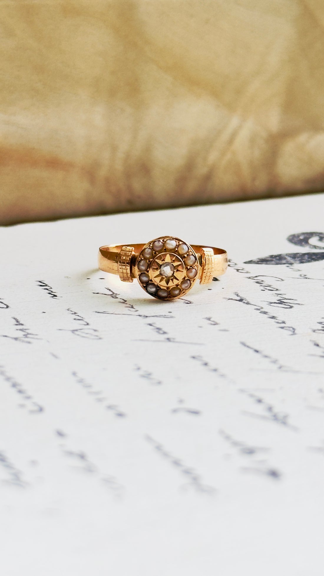 French Victorian Pearl & Diamond Ring in 18K Rose Gold - Size 8