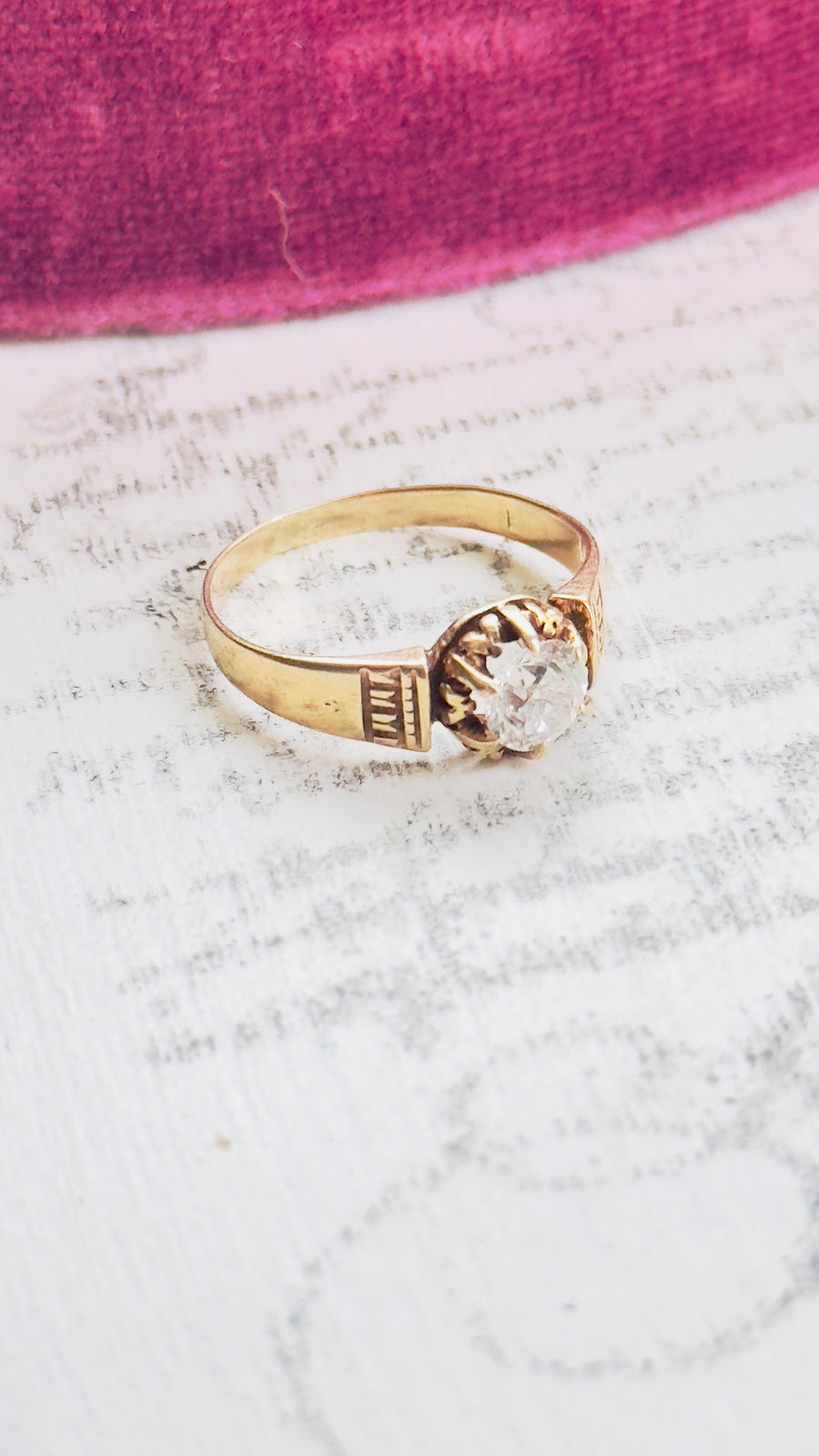 Side view of 18k gold Etruscan Revival ring with 0.65ct OEC diamond