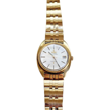 Vintage Omega Constellation automatic chronometer wristwatch in 14k gold on bracelet, front dial view.