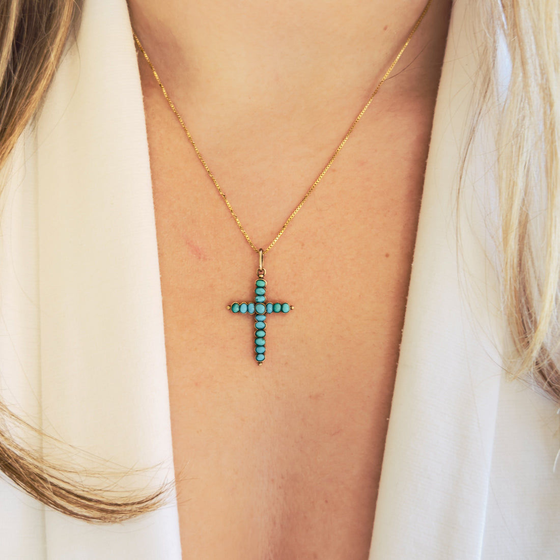 Victorian 14K Gold Cross with Turquoise Stones