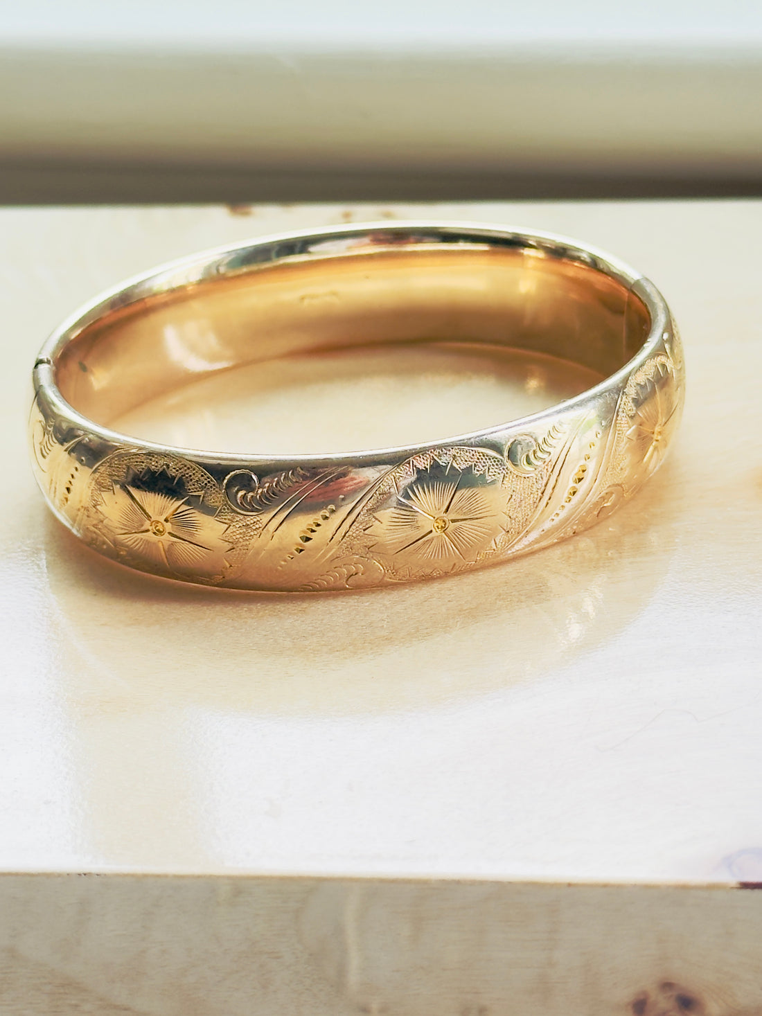 Vintage Gold Filled Hinged Bangle | Hand Engraved Floral | F.M.Co.