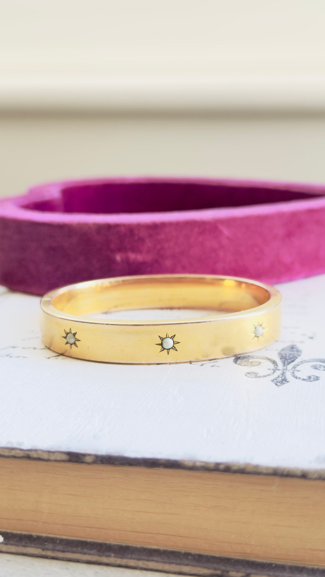 Vintage Gold Filled Hinged Bangle Bracelet with Starburst and Seed Pearls by F&B