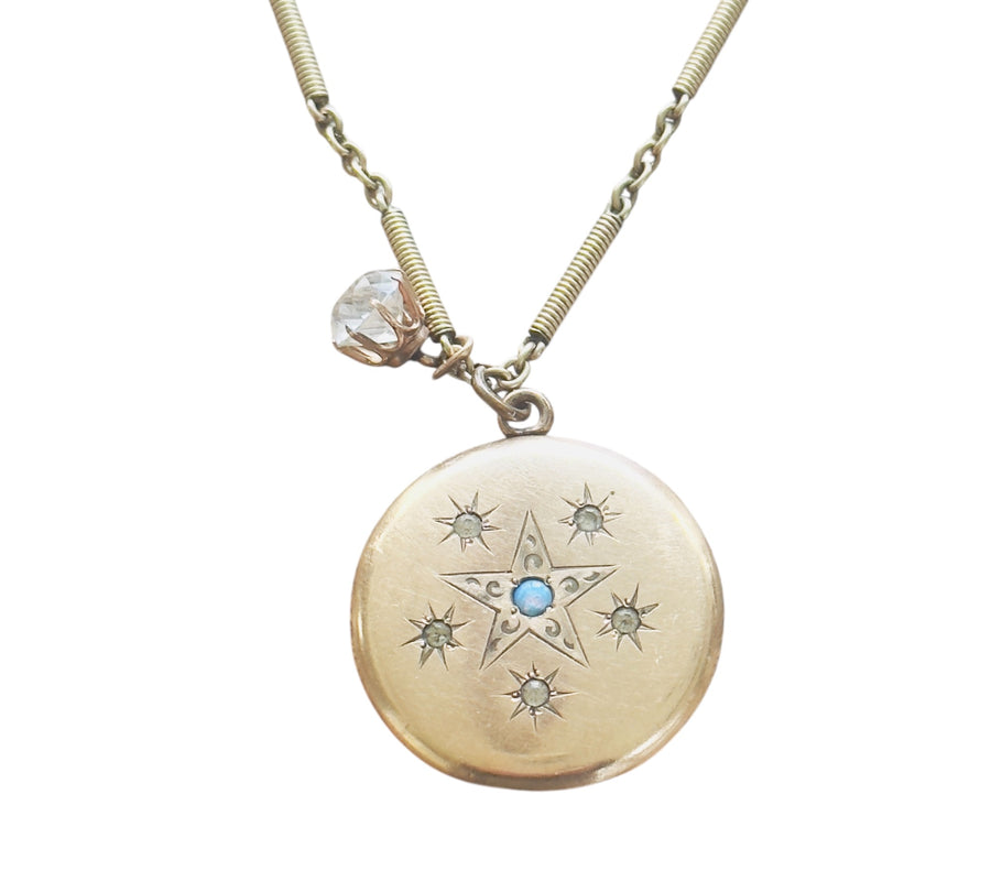 Antique Gold-Filled Starburst Locket with Opal and Paste Stones