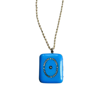 Antique blue enamel locket with seed pearl on 14k gold chain