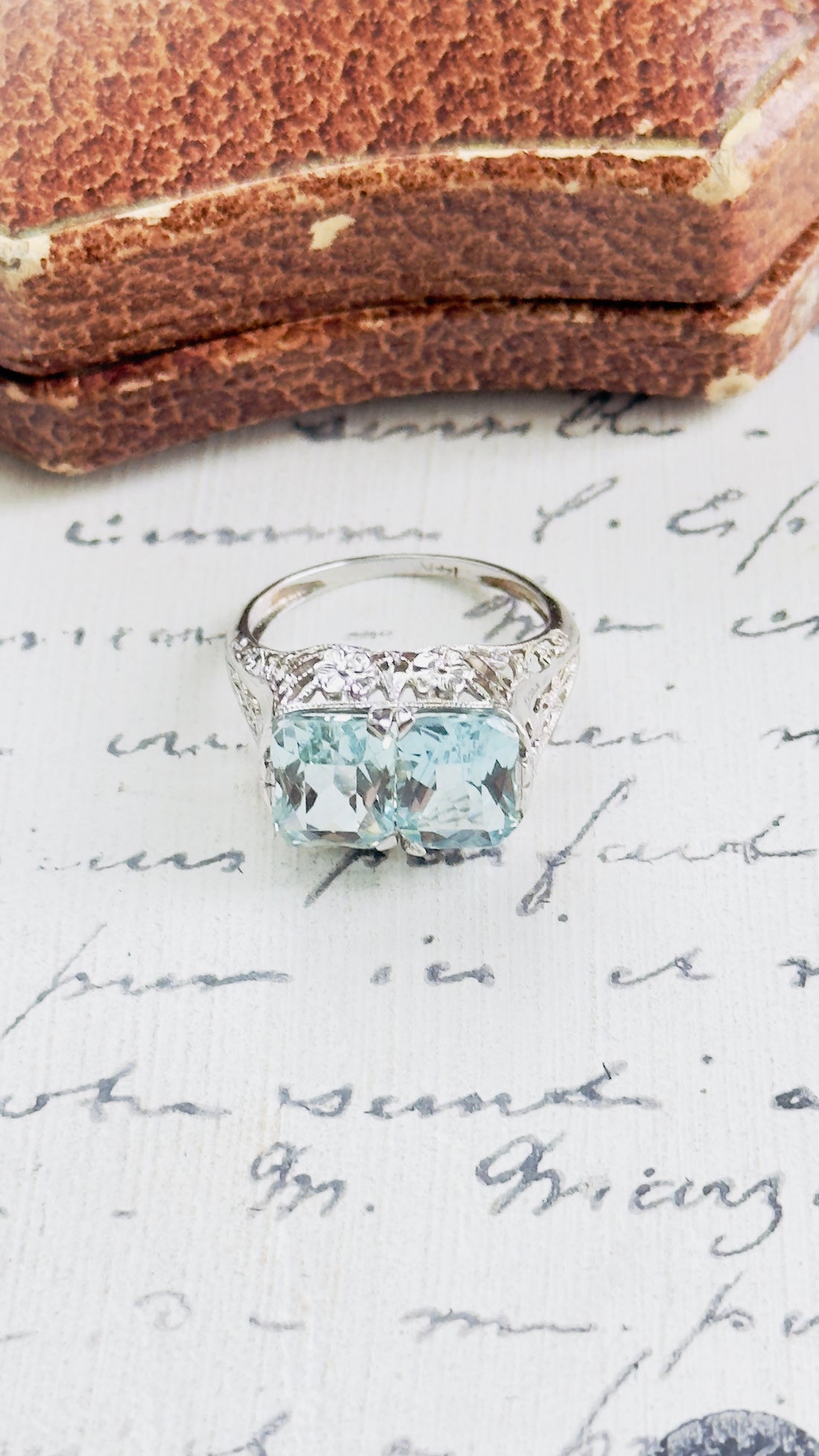 Art Deco Double Aquamarine Ring | 14k White Gold Filigree Setting