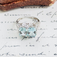 Art Deco Double Aquamarine Ring | 14k White Gold Filigree Setting
