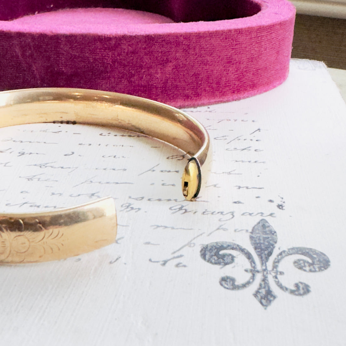 Etched Gold-Filled Hinged Bangle Bracelet