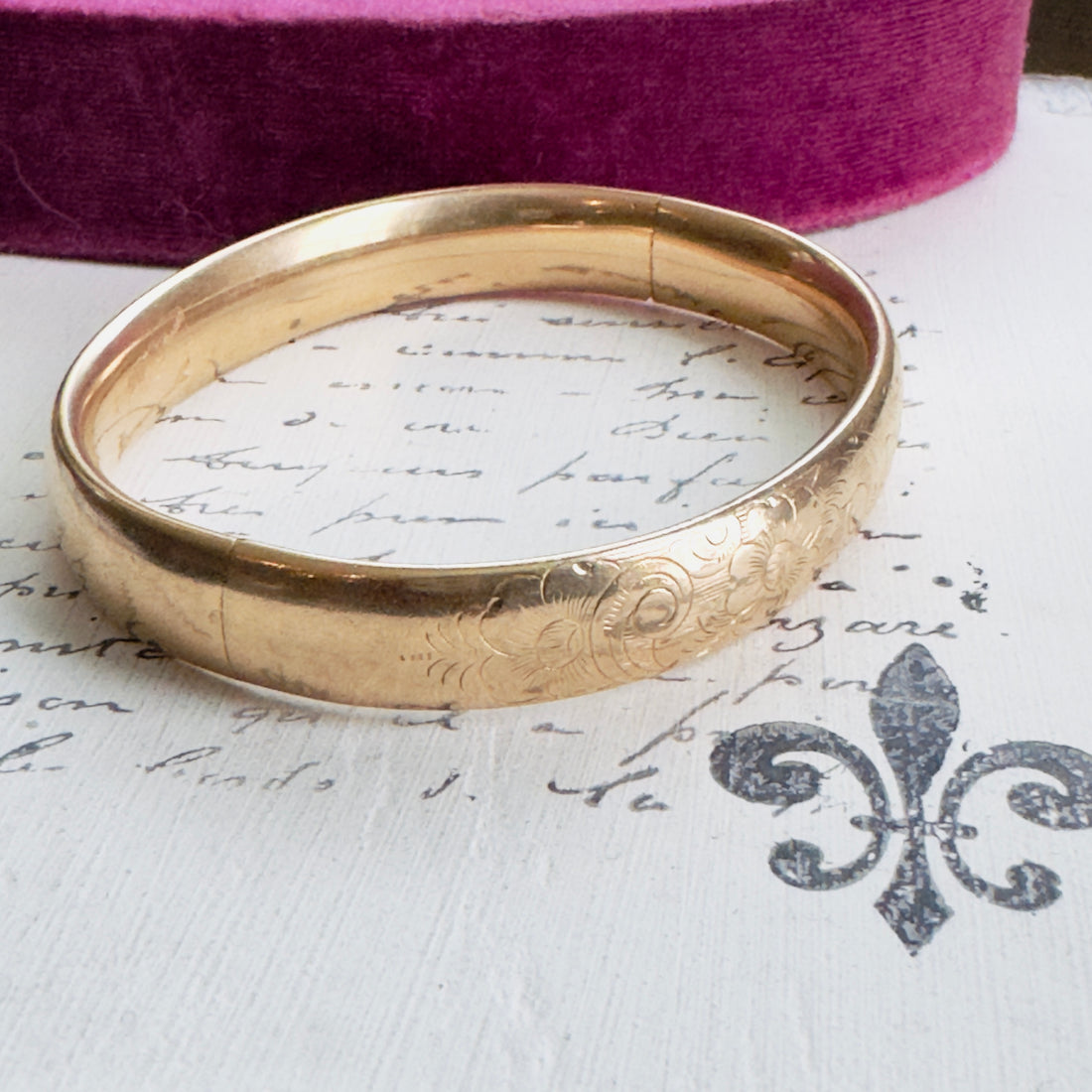 Etched Gold-Filled Hinged Bangle Bracelet