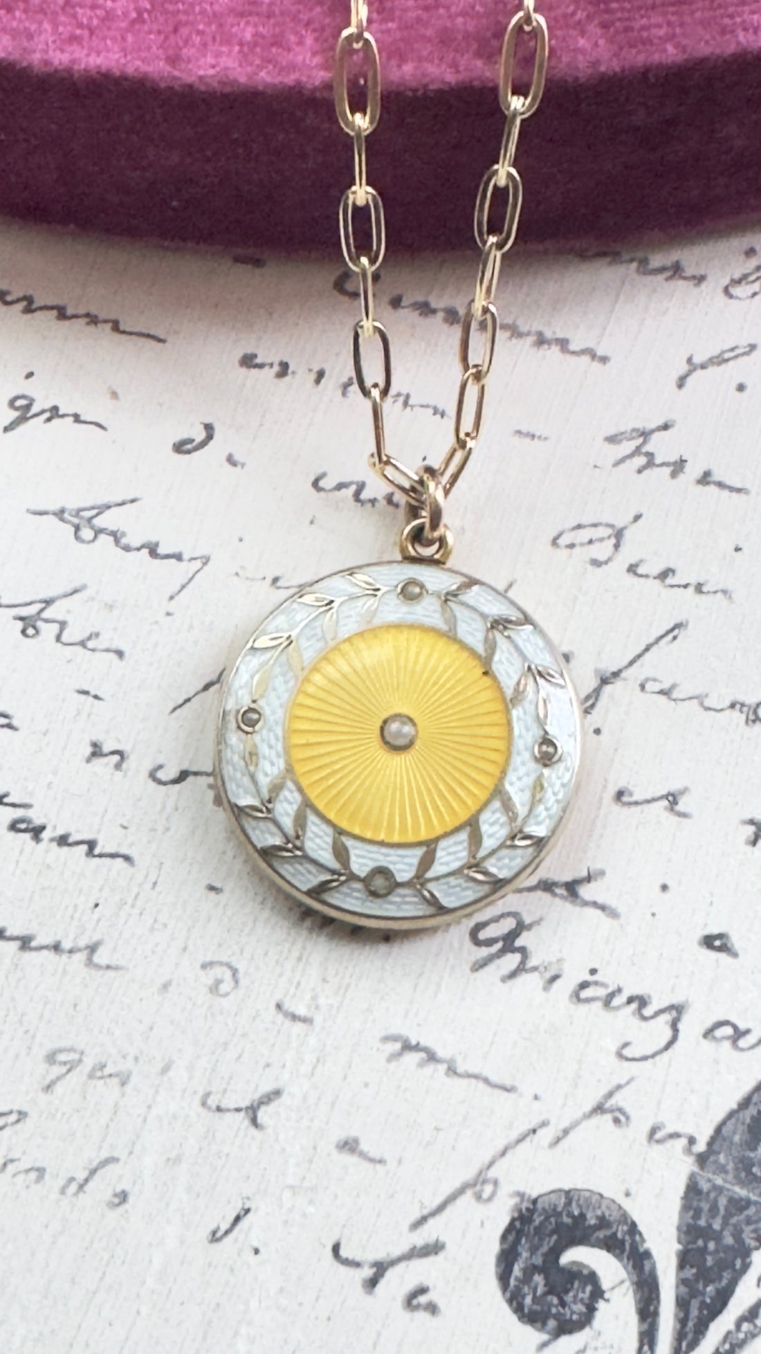 Guilloché Enamel Sunburst Locket Necklace on 14k Gold Paperclip Chain, 18”