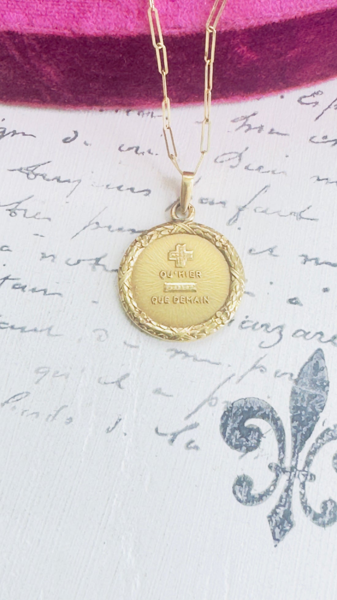 18k French Love Token Necklace – “Qu’hier Que Demain” on 14k Gold Paperclip Chain