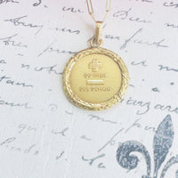 18k French Love Token Necklace – “Qu’hier Que Demain” on 14k Gold Paperclip Chain