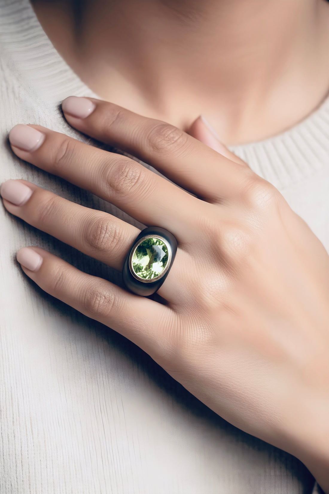 Image of model wearing 18k gold peridot ring