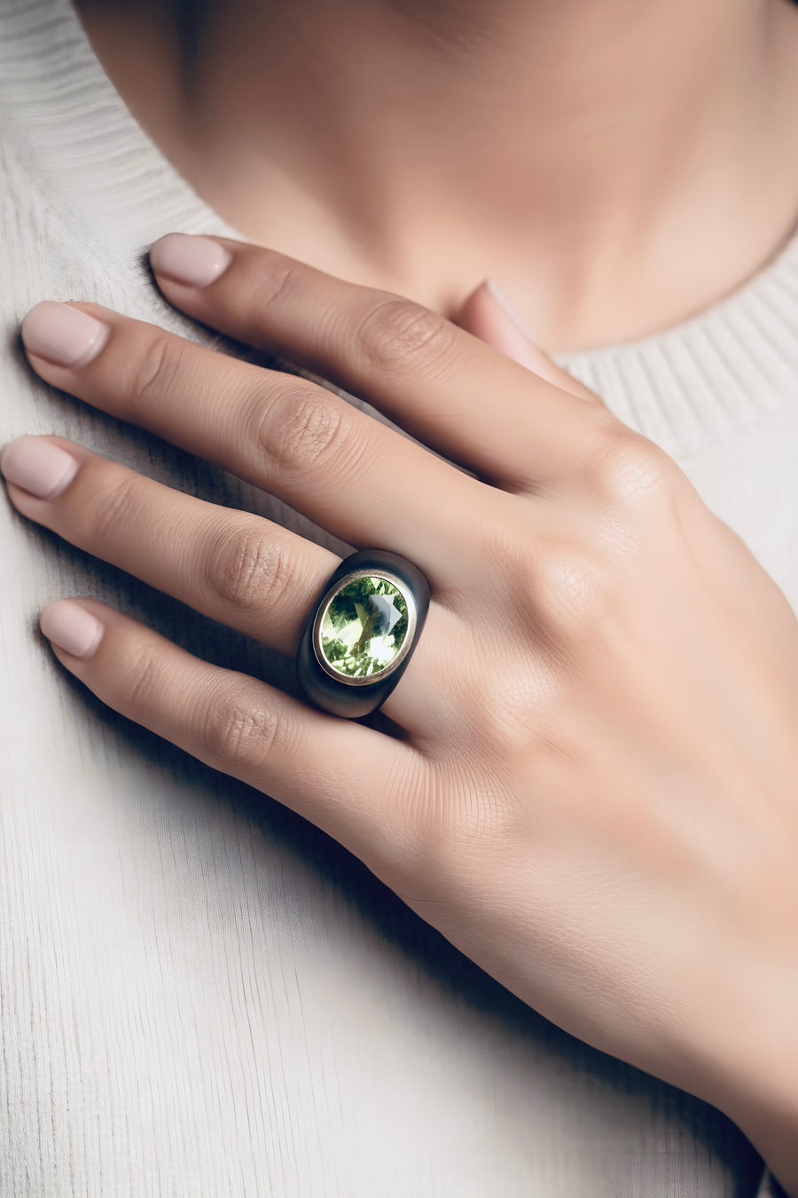 Image of model wearing 18k gold peridot ring
