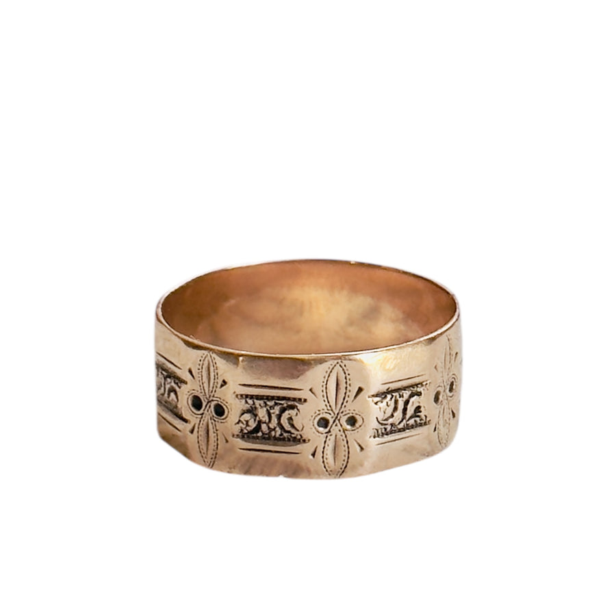 Antique 10K gold cigar band ring with chased and stippled designs