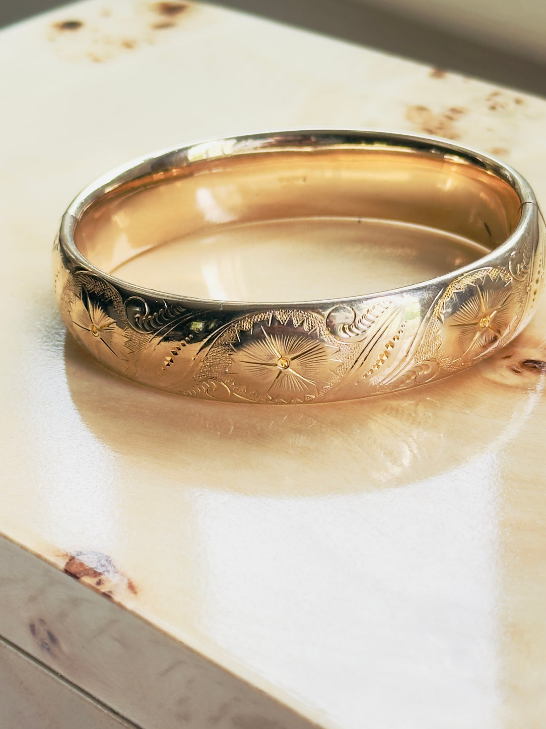 Vintage Gold Filled Hinged Bangle | Hand Engraved Floral | F.M.Co.