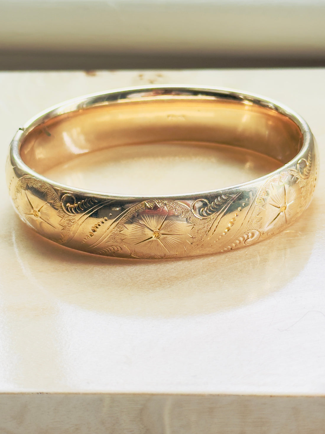 Vintage Gold Filled Hinged Bangle | Hand Engraved Floral | F.M.Co.