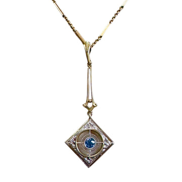 Victorian 14k Yellow & White Gold Lavalier Pendant Necklace with Sapphire