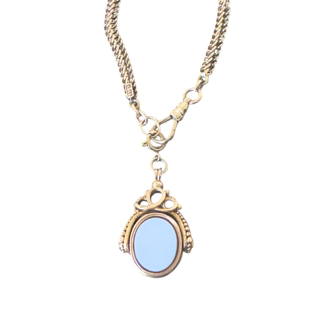 Antique 14k gold watch chain necklace with blue agate swivel fob