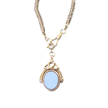 Antique 14k gold watch chain necklace with blue agate swivel fob