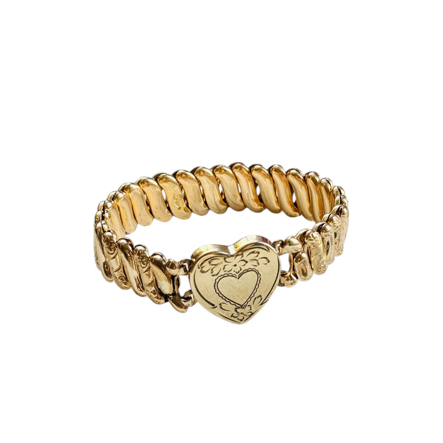 Gold-filled Dolly Madison Sweetheart expansion bracelet with floral etching and heart plaque.