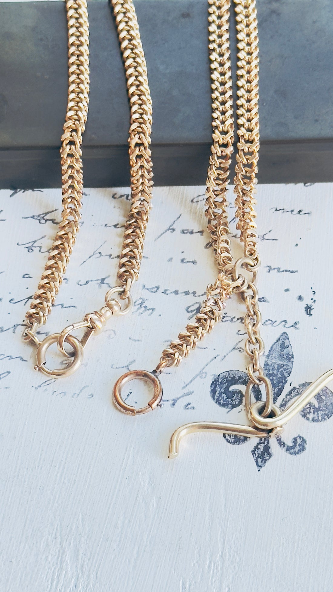 Antique 14k Gold Curb Watch Chain with Mustache T-Bar & Albert Dog Clip | hipV Jewelry