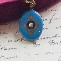 Victorian Blue Enamel Diamond Locket Necklace on 14k Gold Chain | hipV