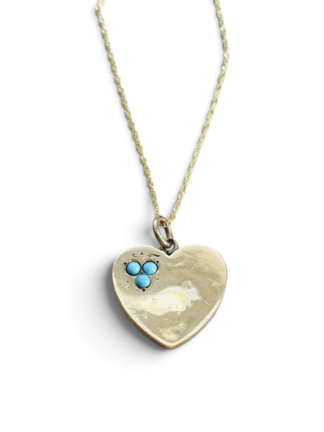 Antique English 9ct gold heart pendant necklace with three turquoise cabochons on an 18-inch solid 10ct gold chain.
