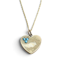 Antique English 9ct gold heart pendant necklace with three turquoise cabochons on an 18-inch solid 10ct gold chain.