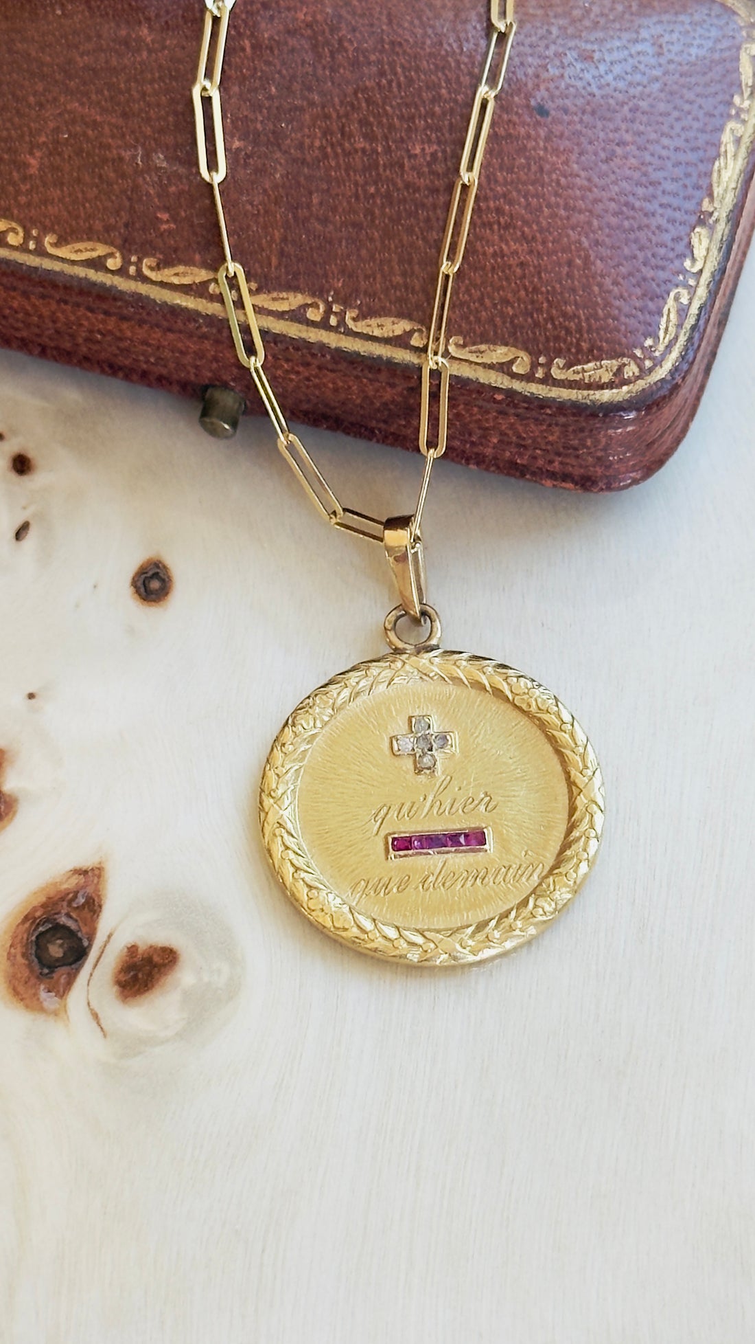 Antique French love medal inscribed plus qu'hier que demain with diamonds and rubies