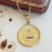 Antique French love medal inscribed plus qu'hier que demain with diamonds and rubies