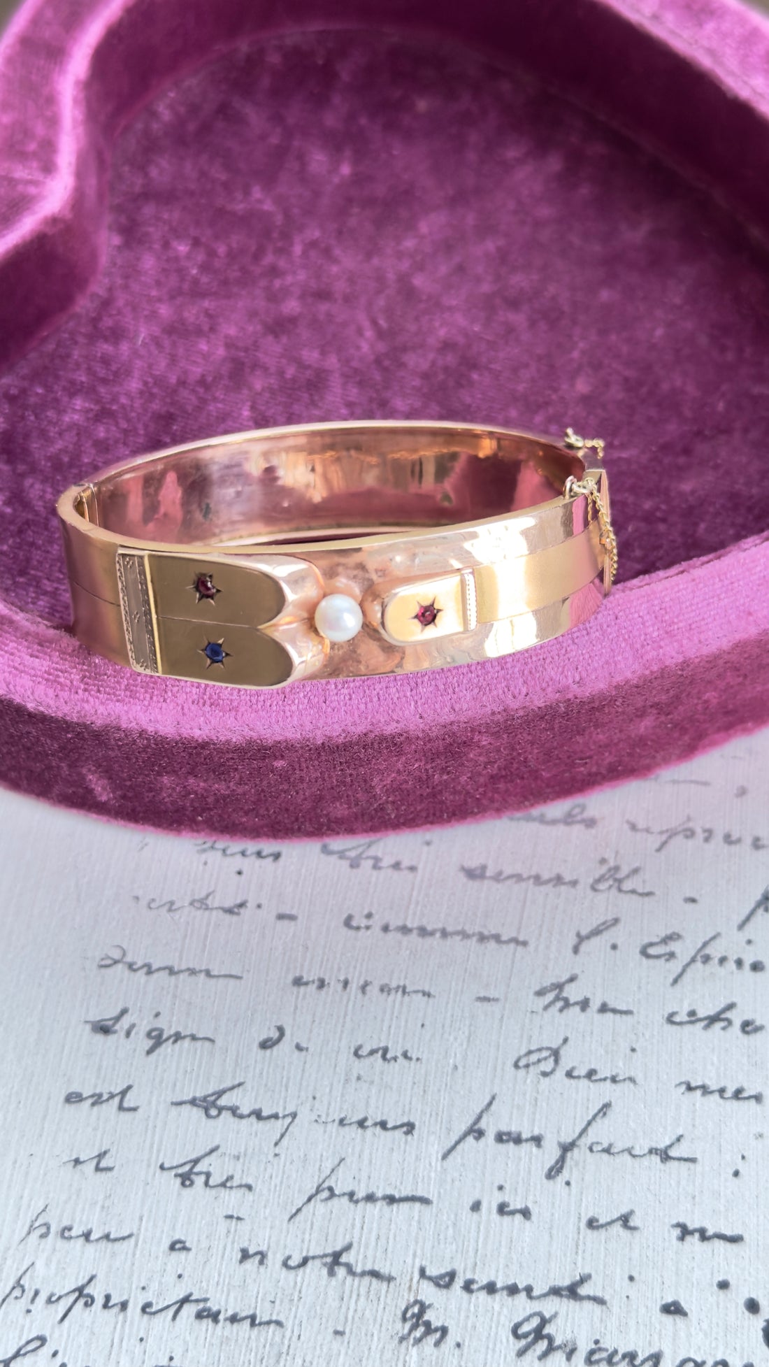 Antique Victorian gold bangle bracelet with pearl and paste starburst details