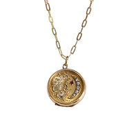 Gold-filled crescent moon locket with Art Nouveau female profile