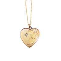 Art Nouveau gold filled heart locket necklace with starburst and paste stone