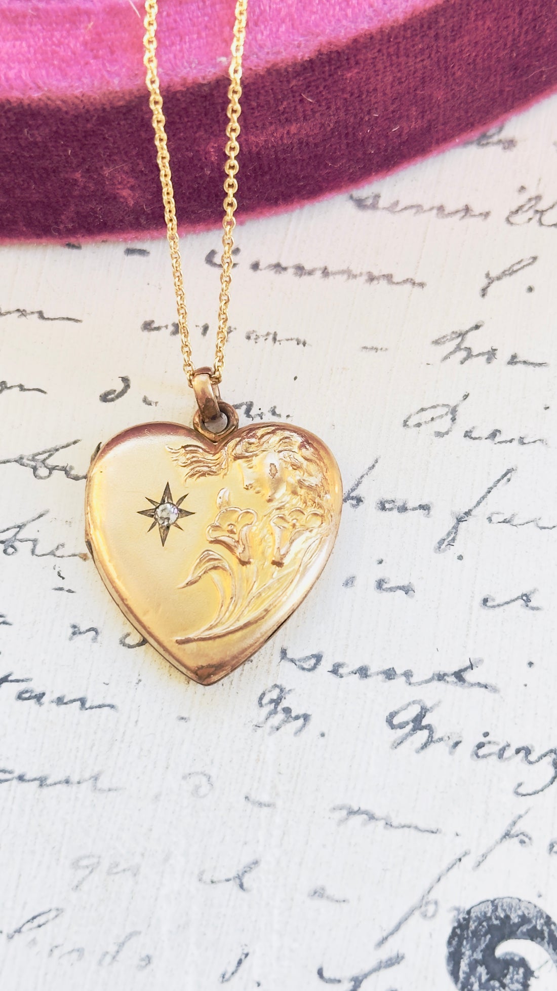 Art Nouveau heart locket necklace styled on sterling and gold overlay chain