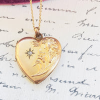 Art Nouveau heart locket necklace styled on sterling and gold overlay chain