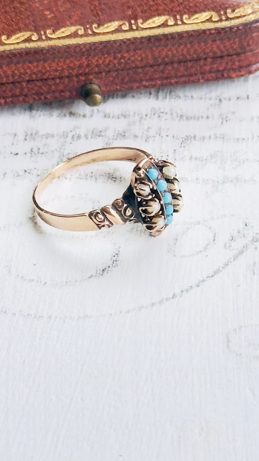 Antique 10k Seed Pearl & Turquoise Ring — Size 7