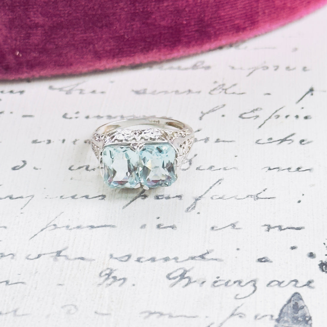 Art Deco Double Aquamarine Ring | 14k White Gold Filigree Setting