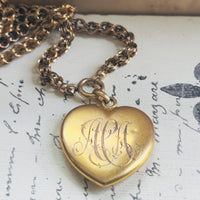 Back view of Victorian era 10k gold heart locket with original monogram engraving, hipV Modern Vintage Jewelry