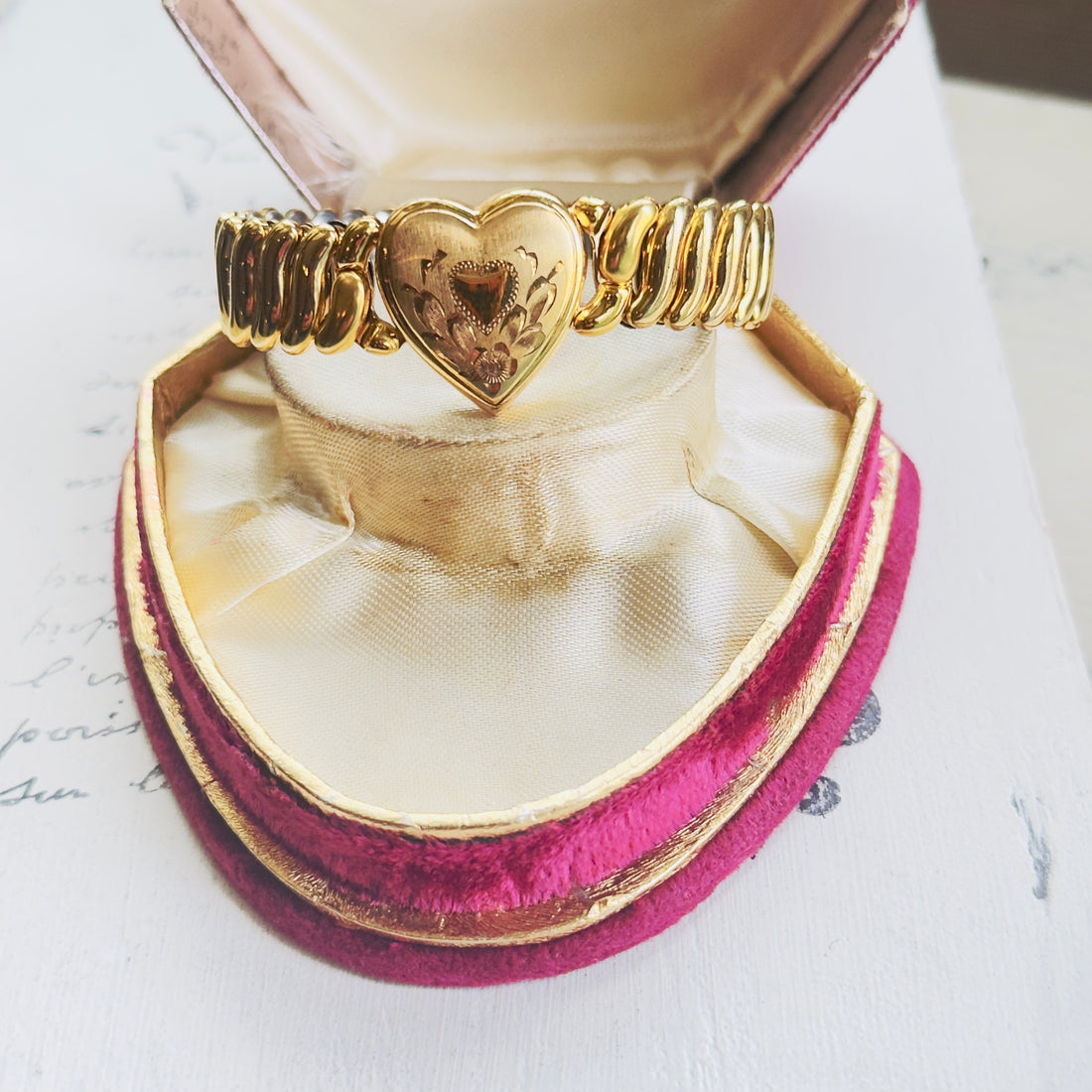 Bigney mid-century sweetheart expansion bracelet, gold filled Florentine finish with hand-engraved floral scrollwork and heart motif