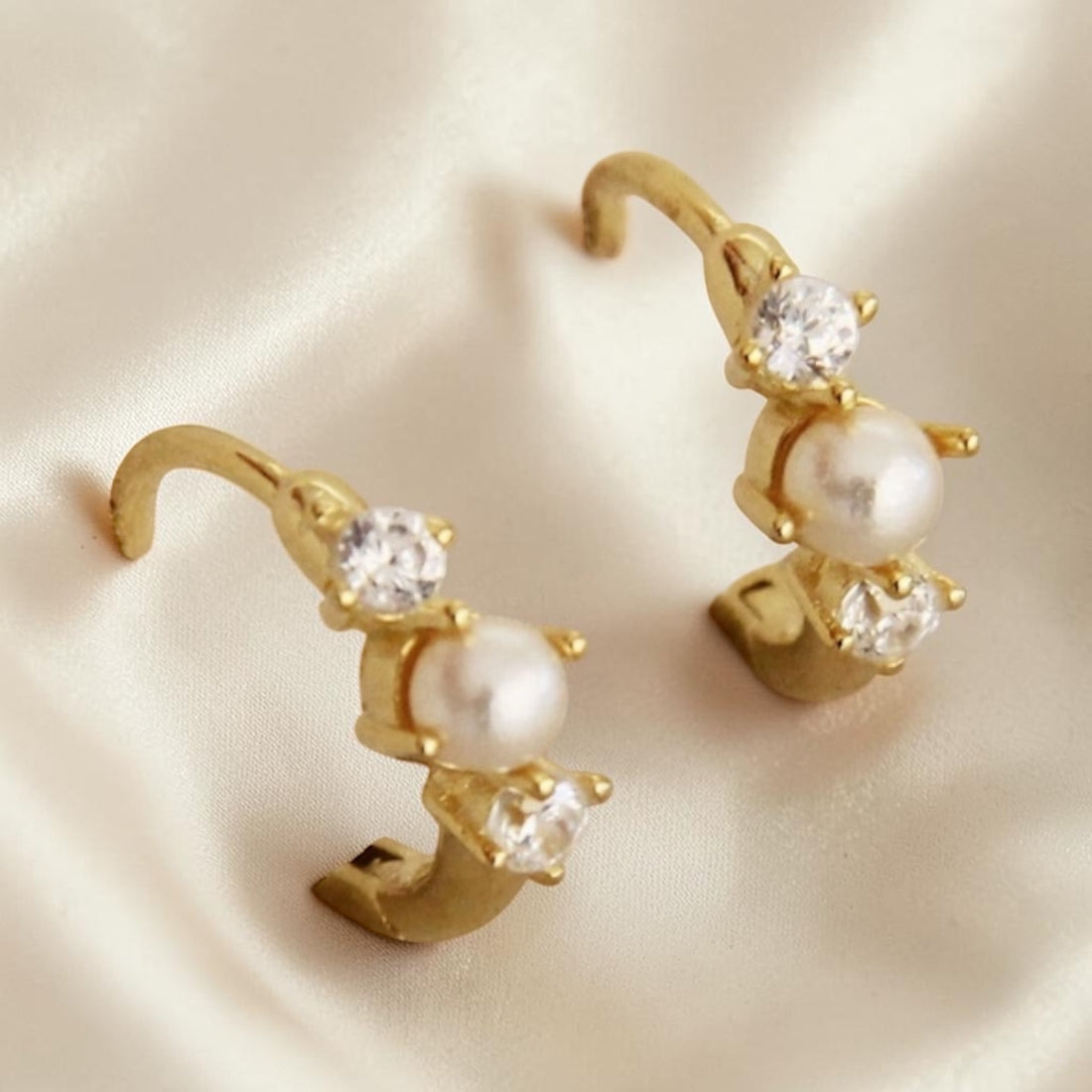 Dainty Pearl & CZ Huggie Hoop Earrings