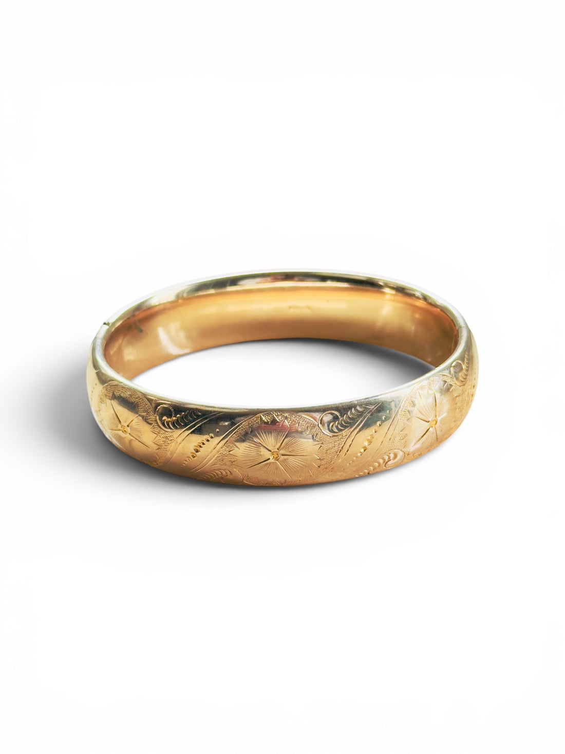 Vintage Gold Filled Hinged Bangle | Hand Engraved Floral | F.M.Co.