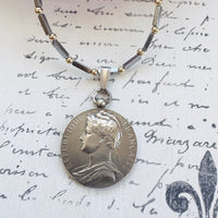 1912 French Sterling Silver Coin Necklace by A. Borrel with Hematite and 14k Bead Chain