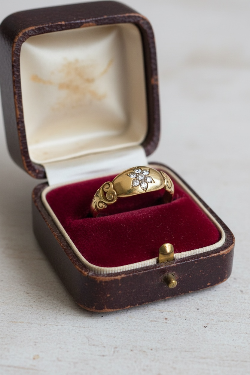 Close-up of antique diamond flower ring in yellow gold, six old mine cut diamonds, size 8, hipV Modern Vintage Jewelry