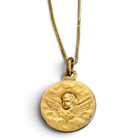 Close-up of signed French Art Nouveau FIX cherub medal in 18k gold-filled metal.