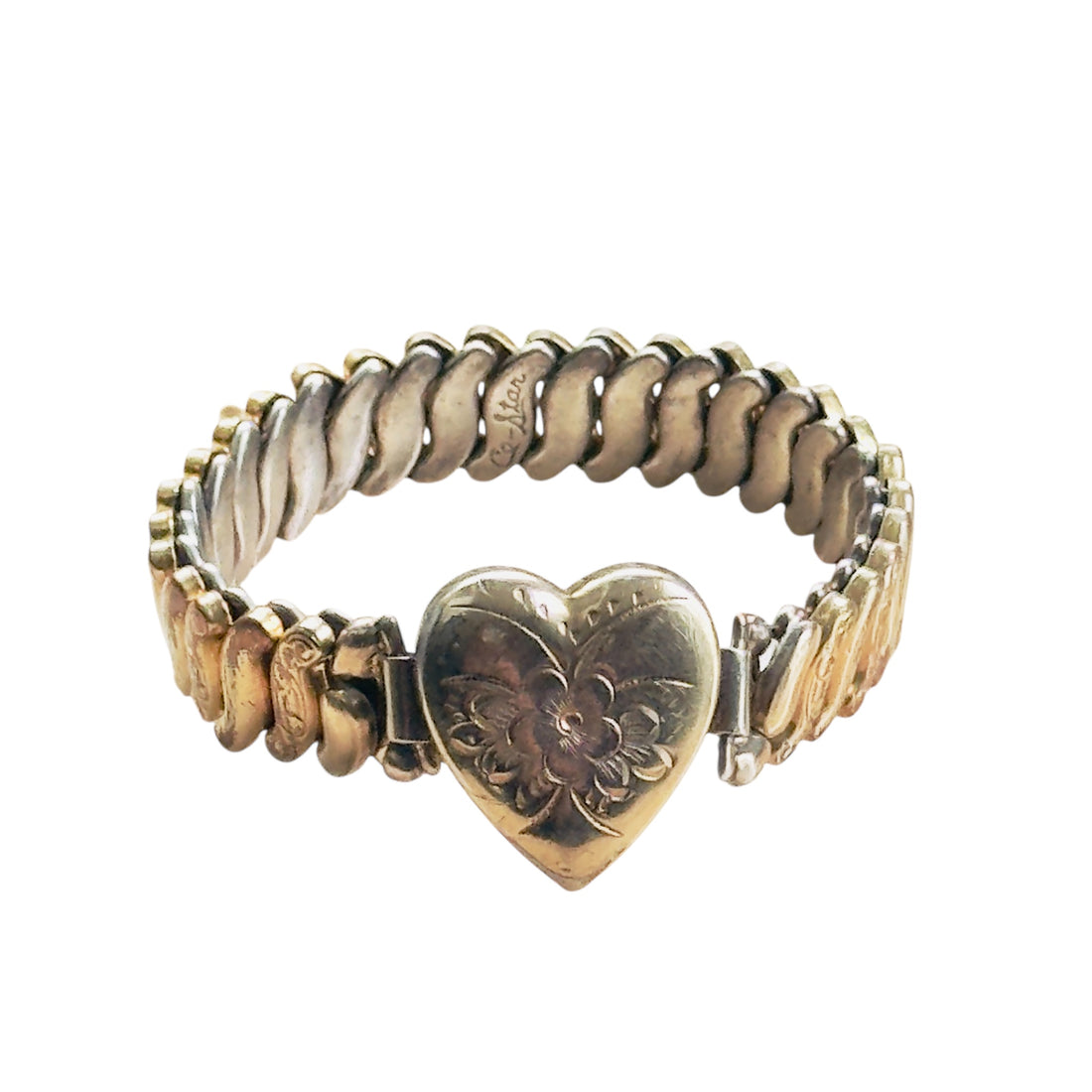 Co-Star signed gold filled sweetheart expansion bracelet with engraved floral heart face, vintage mid-century, hipV Modern Vintage Jewelry