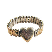 Co-Star signed gold filled sweetheart expansion bracelet with engraved floral heart face, vintage mid-century, hipV Modern Vintage Jewelry
