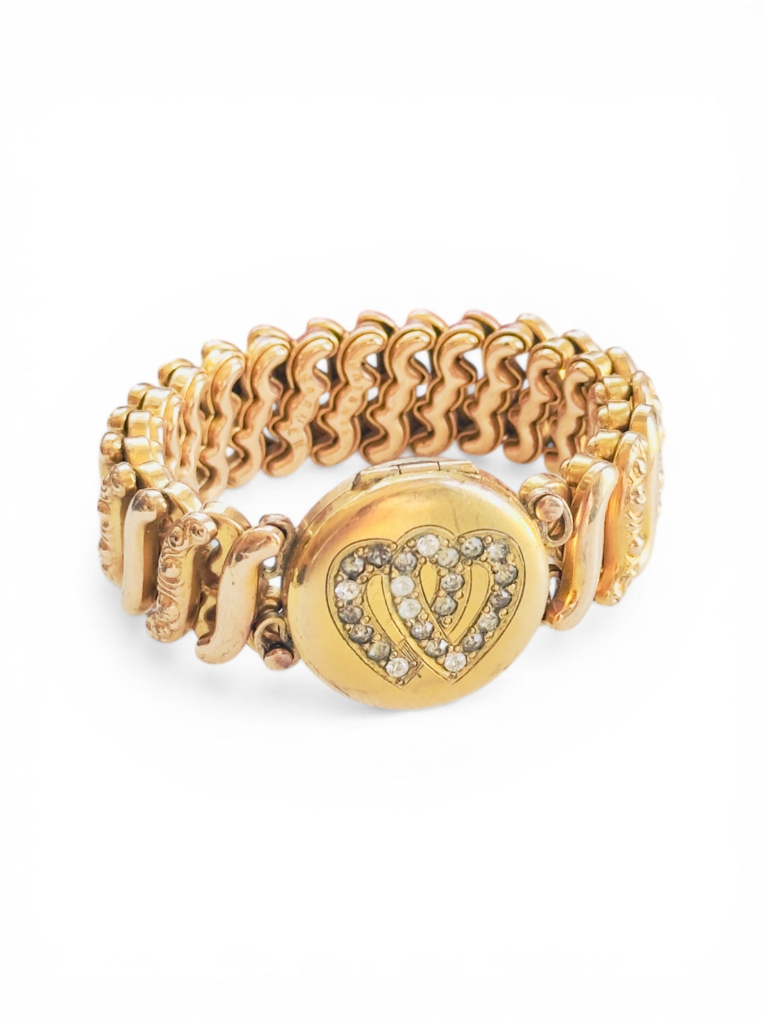 D.F. Briggs gold filled bracelet with round locket and clear paste stones