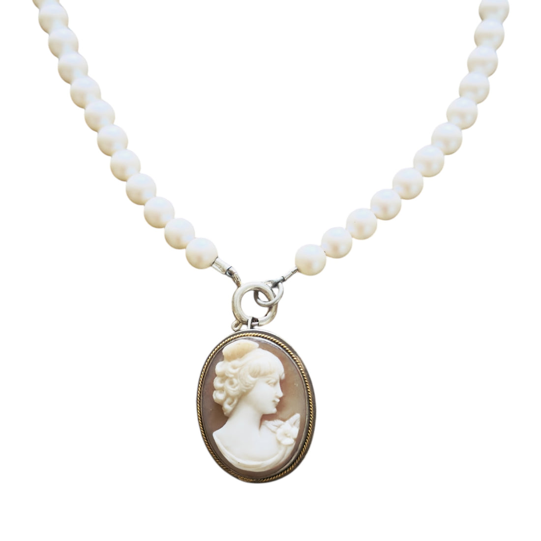 Vintage Sterling Silver Cameo Pendant on Swarovski Pearl Necklace